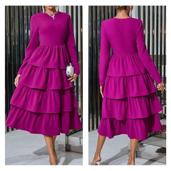 Multi-Layer Flared Hem Long Sleeve Round Neckline Dress - Picture 2 of 4